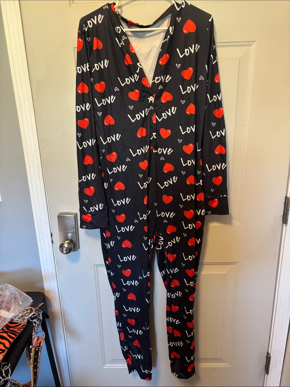 Women's Black & Red 'Love' Heart Print Pajama Onesie